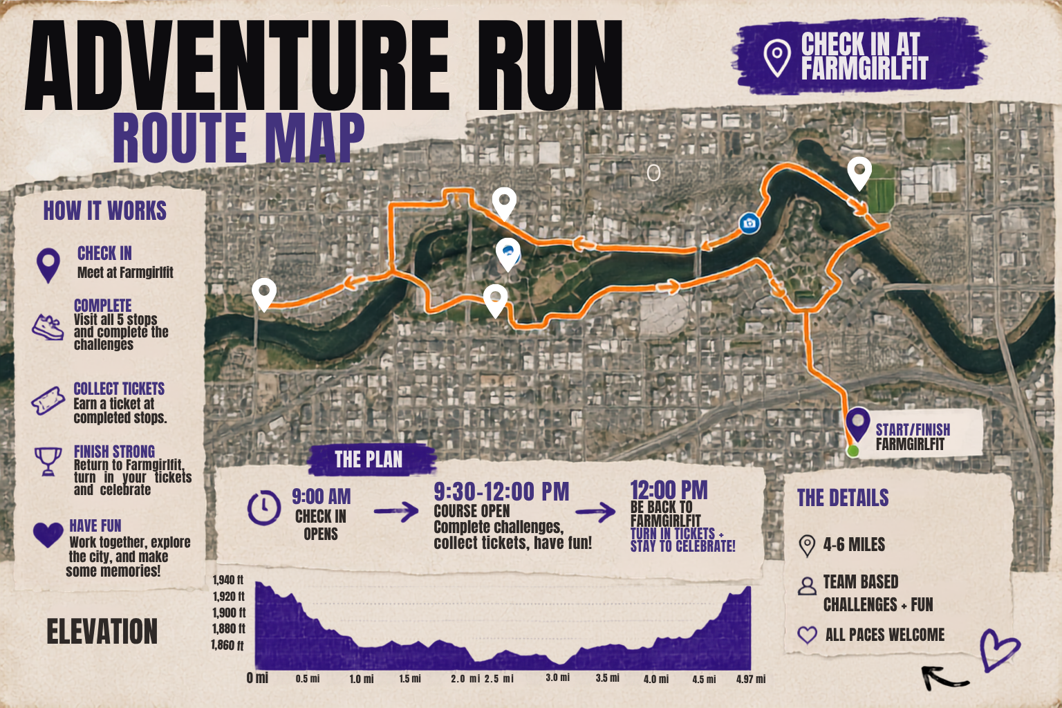 Adventure Run 2026 route map — check-in and start/finish at Farmgirlfit